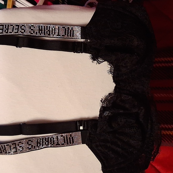 VS 32C  Logo Bling Shine Strap Wicked Black Unlined Bra Floral Lace Uplift Black - Picture 8 of 8